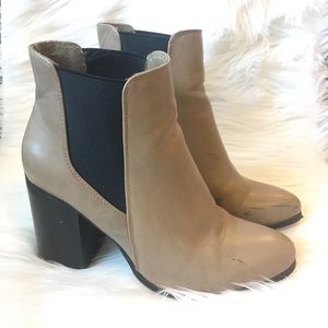 Tan and Black Block Heel Ankle Boots